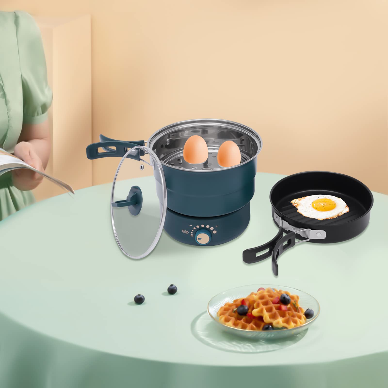LYNICESHOP 110V Electric Hot Pot Cooker with Steamer - Portable Mini Travel Non-Stick Electric Skillet for Ramen, Pasta, Soup & More - Perfect for Dorms, Camping & Small Kitchens (Green)