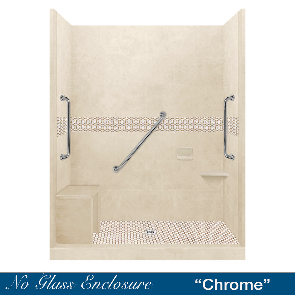 Freedom 60 Alcove Shower Kit - Desert Sand Sistine Stone & Honey Hex Mosaic Tile Backsplash (DIY Bathroom Remodel for Home, Apartment, or RV) - Perfect for Modern Bathroom Upgrades and Spa-Like Shower Experiences