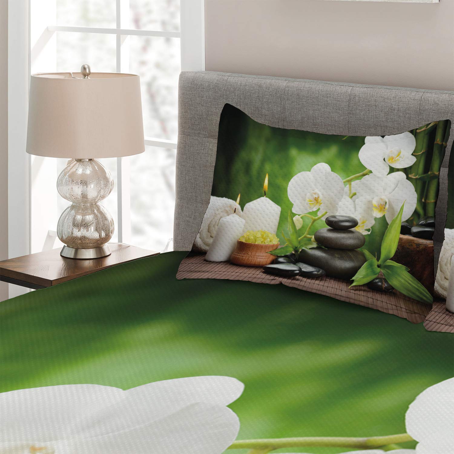 Ambesonne 3-Piece King Size Quilted Bedspread Set with 2 Pillow Shams - Orchid, Candles & Green Plants Stone Pattern in White, Green & Black | Spa-Inspired Luxury Bedding for Master Bedroom, Guest Room & Hotel Decor