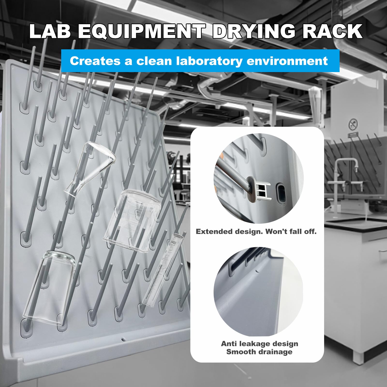 52-Peg Lab Drying Rack - Wall Mount Grey Laboratory Cabinet for Glassware & Utensils | School Science Lab Equipment with Hidden Installation | Perfect for Chemistry Labs & Research Facilities