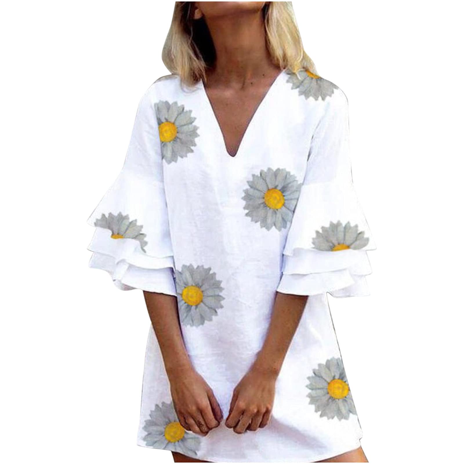 Floral Butterfly Print Summer Casual Dress for Women - V-Neck Mini Dress with Mid-Sleeve | Perfect for Beach Vacations, Date Nights & Summer Parties