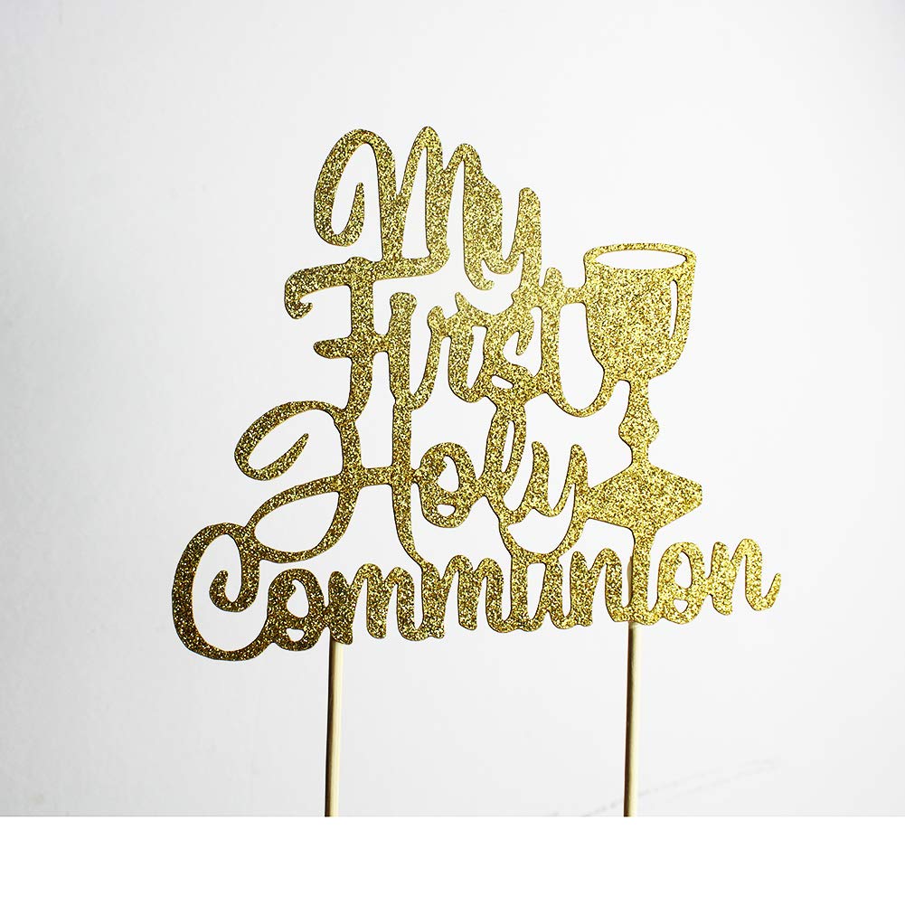 First Holy Communion Cake Topper - Gold Glitter Religious Decor for Kids Birthday, Baby Shower, Wedding, Baptism & Christening Parties - Perfect for Church Celebrations & Special Occasions