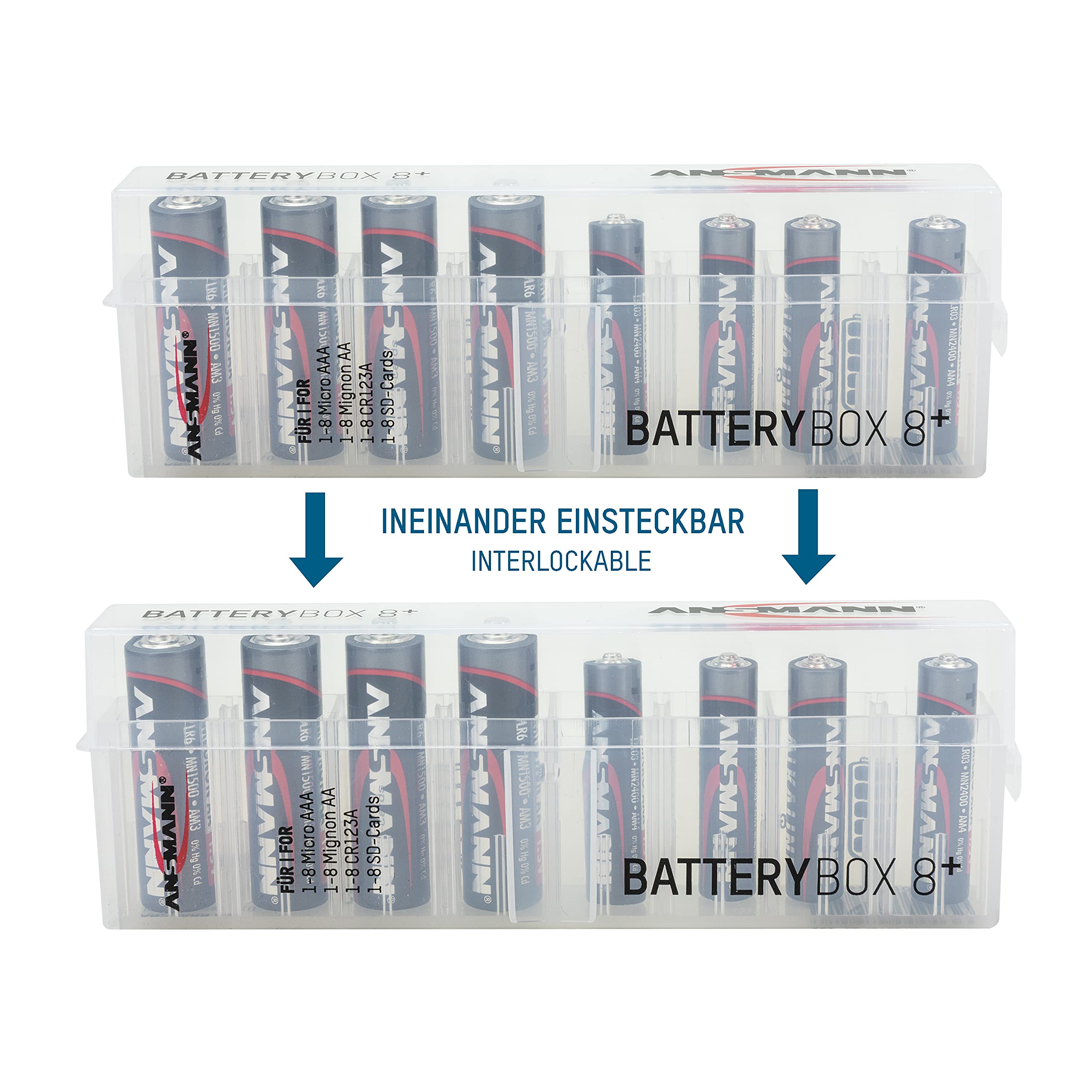 Ansmann 8-Piece AA Battery Storage Case - Durable Plastic Battery Organizer for Home, Office, and Travel Use