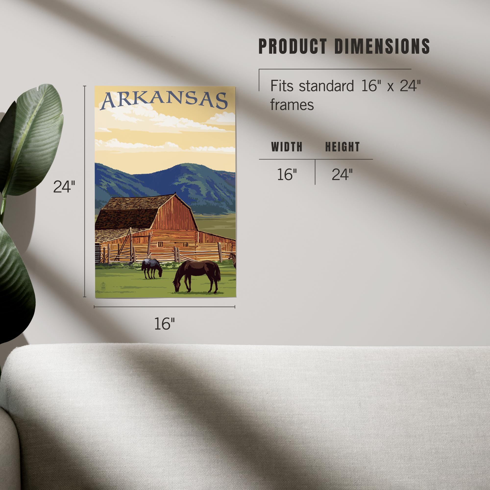 Lantern Press 16x24 Inch Giclee Art Print - Arkansas Countryside Landscape with Horses and Red Barn - Perfect for Home Decor, Living Room Wall Art & Farmhouse Style Interiors