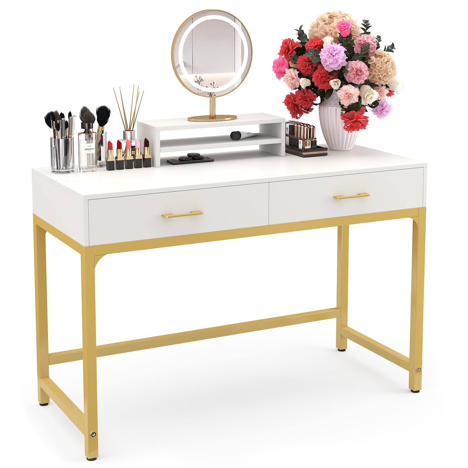 WESTREE White Wooden Makeup Vanity Desk with 2 Drawers & Storage Shelf - Bedroom Home Office Desk, Height Adjustable Monitor Stand - Perfect Gift for Women, Ideal for Makeup Organization & Home Office Setup
