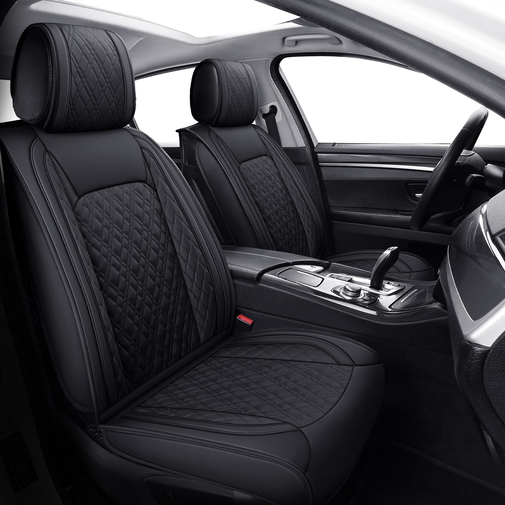 Universal Car Seat Covers Full Set - Waterproof Leather Black - Compatible with Honda Civic/HRV/Accord, Toyota Rav4/Camry/Corolla, Nissan Pathfinder/Murano/Frontier, Ford Explorer, Mazda CX5 - Perfect for Road Trips, Daily Commute & Car Protection