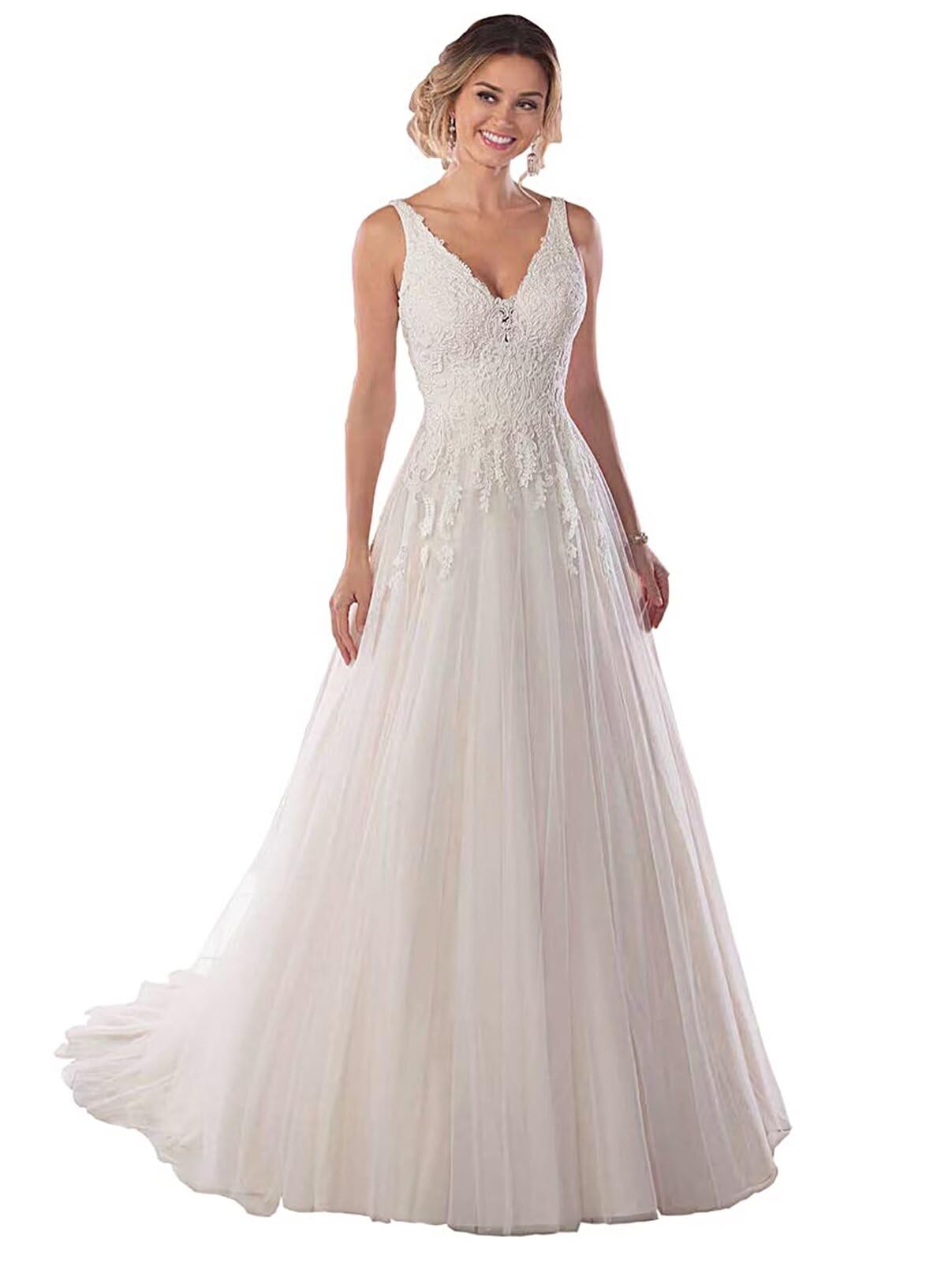 Elegant Dymaisei Women's V-Neck Boho Wedding Dress with Lace Applique - A-Line Ball Gown for Brides, Beach Weddings & Romantic Ceremonies