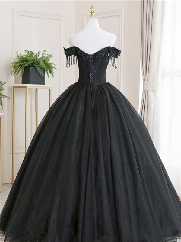 Elegant Black Tulle Off Shoulder Lace Long Prom Dress for Women - Perfect for Evening Gala, Formal Party & Special Occasions
