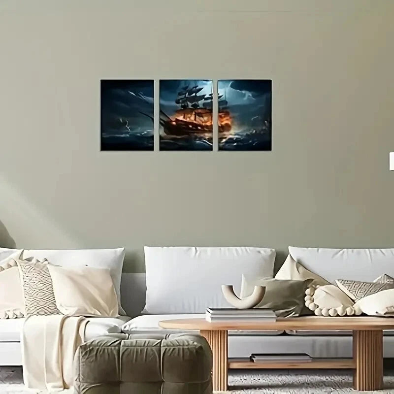 3-Piece Pirate Ship Sailboat Metal Wall Art - Ready to Hang Nautical Decor for Living Room, Bedroom & Office