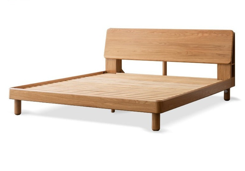 Solid Oak Wood Platform Bed with Bookshelf Headboard - Modern Bedroom Furniture for Small Spaces & Cozy Reading Nook