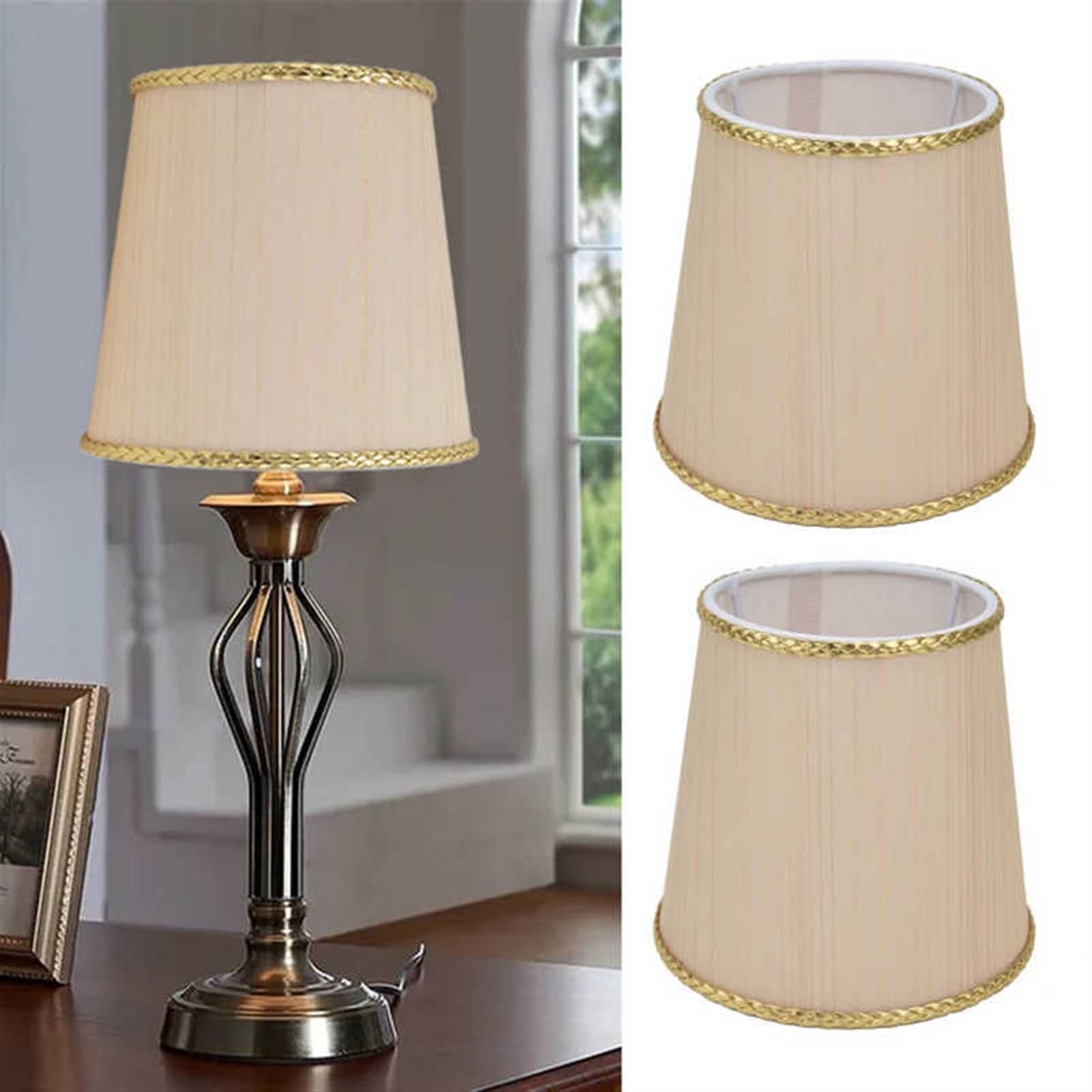 2PCS Small Beige Fabric Lamp Shades with Golden Trim - European Style E14 Lampshades for Table, Chandelier & Wall Lights (11.2x15.3x14cm) - Perfect for Bedroom, Living Room & Office Decor
