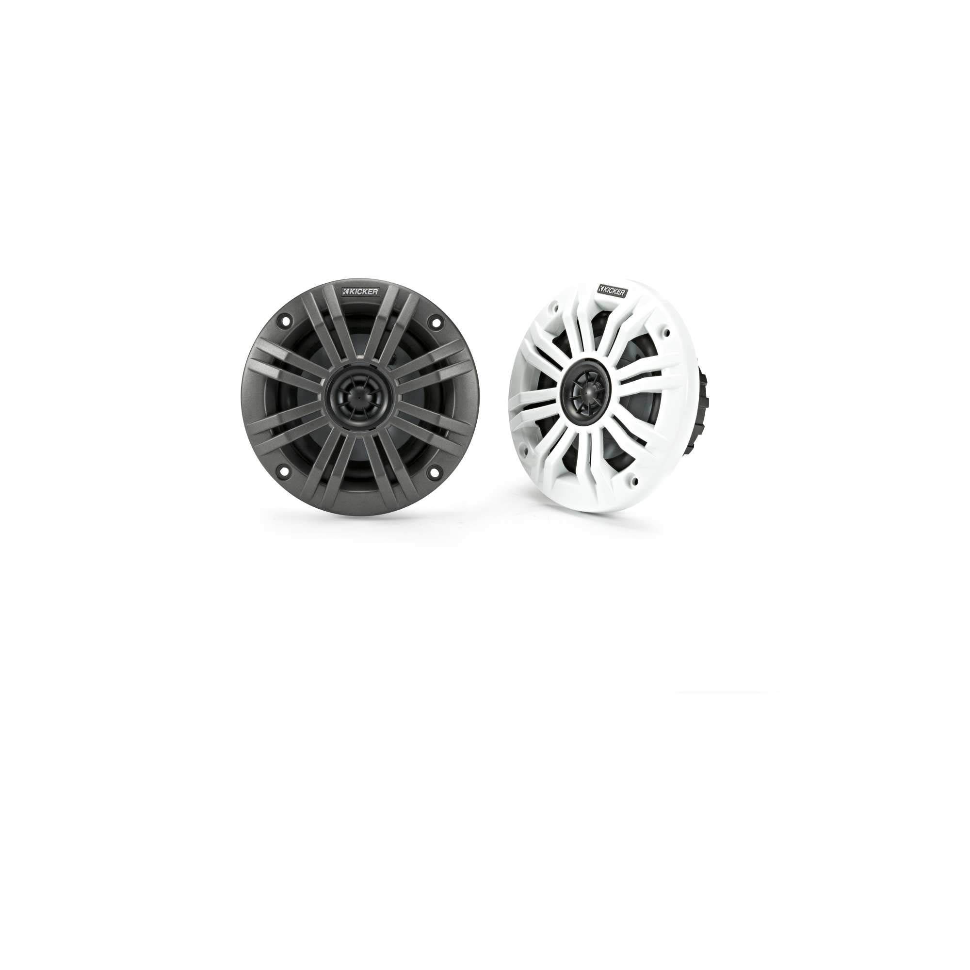 Kicker KM4 4-Inch (100mm) Marine Coaxial Speakers with 1/2-Inch (13mm) Tweeters, 2-Ohm, Charcoal & White Grilles - Waterproof Boat Audio System for Marine, RV, and Outdoor Use