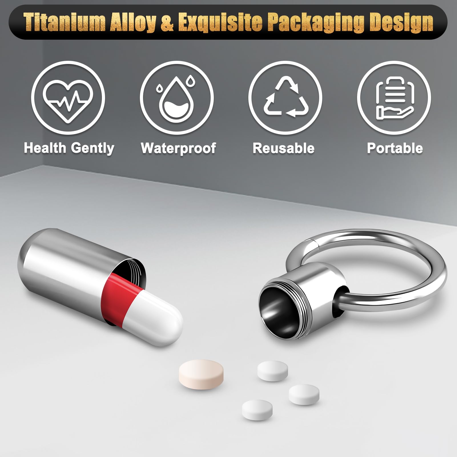 2-Be-Best Mini Titanium Alloy Pill Holder with Keychain - Waterproof Portable Pill Case for Travel, Outdoor & Daily Use - Compact Single Pill Box Container - Perfect Gift for Medication Storage on the Go