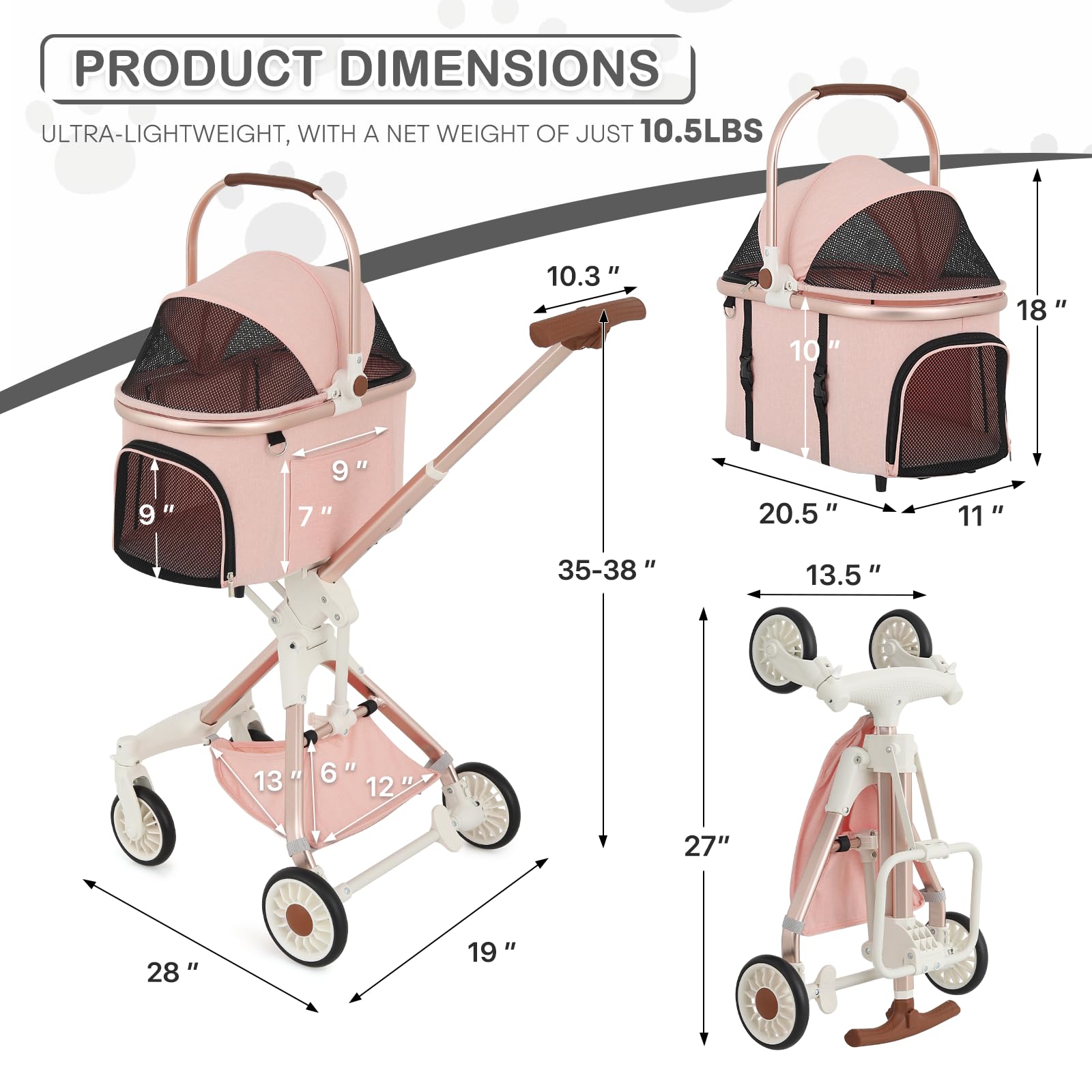 MoNiBloom 3-in-1 Pet Stroller with Adjustable Handle - Jogging Stroller for Dogs & Cats, Detachable Carrier & Lightweight Aluminum Frame - Soft Pink | Perfect for Outdoor Walks, Park Visits & Vet Trips