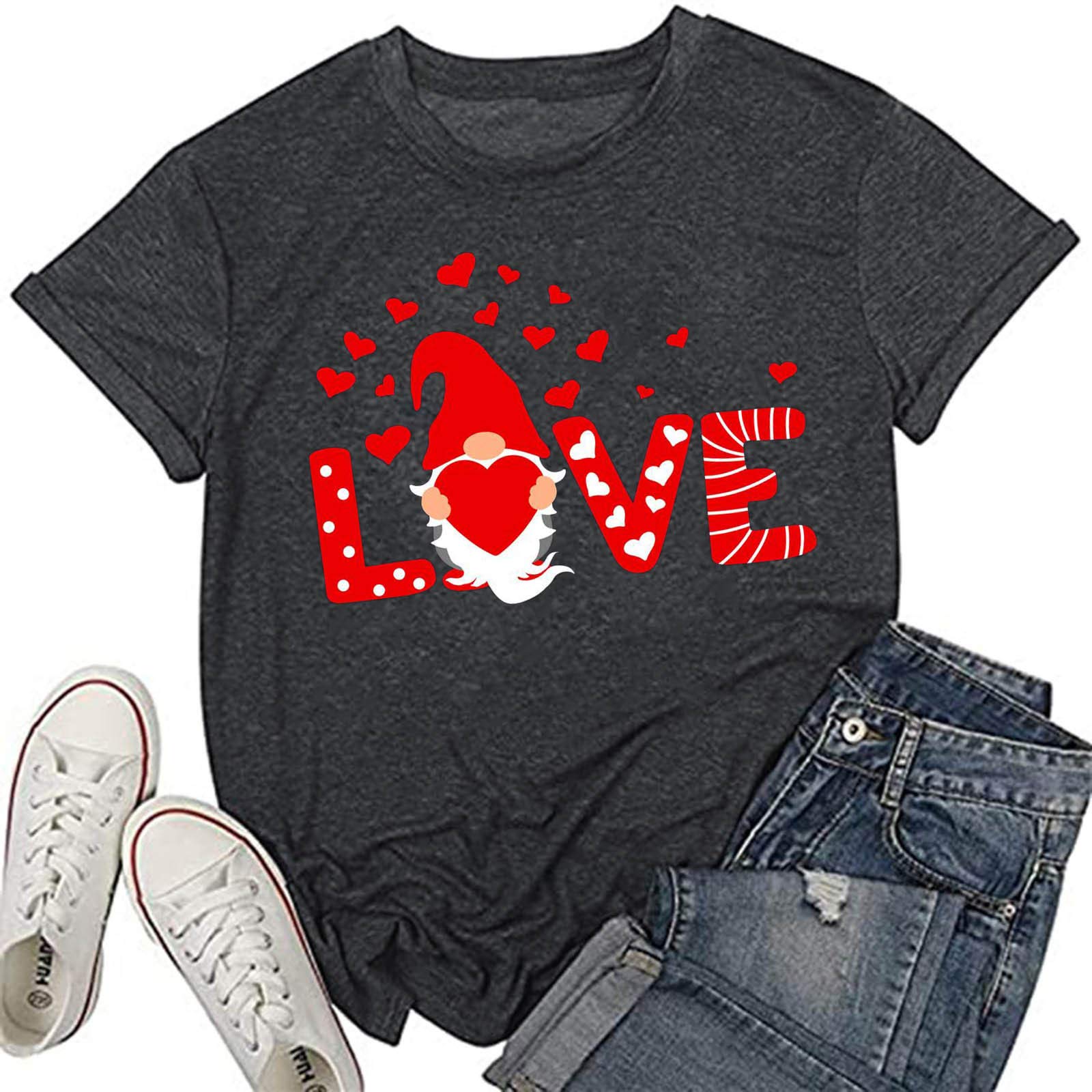 Valentine Gnome Graphic T-Shirt for Women - Cute Round Neck Short Sleeve Comfortable Pullover Tee | Perfect for Valentine's Day Gifts, Casual Wear & Couple Outfits