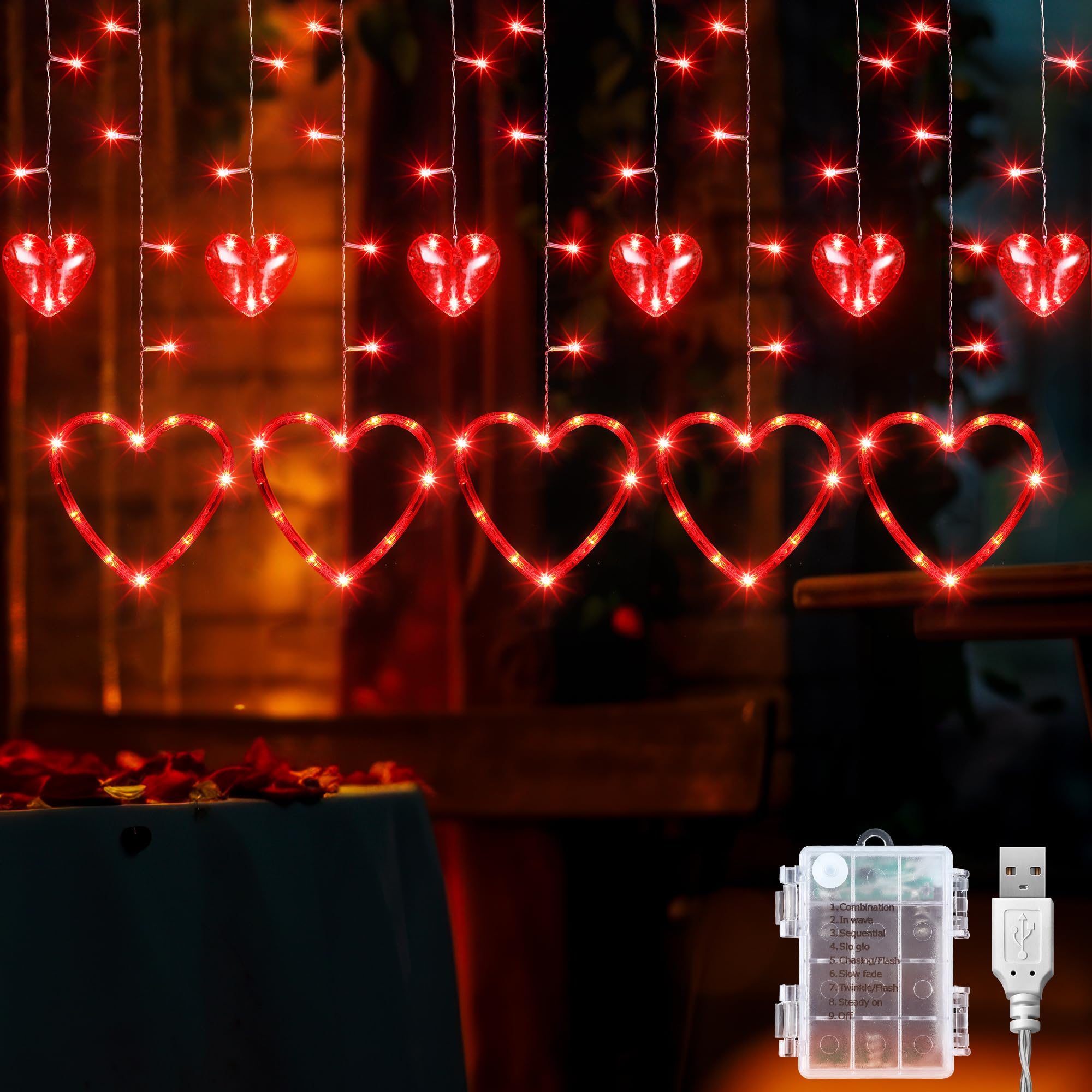 Romantic Heart Curtain Lights - 123 LED Love Heart String Lights with USB & Battery Power for Window, Bedroom, Party Decor - Valentine's Day, Mother's Day Gift (Red) | Perfect for Wedding, Anniversary, Christmas Decorations & Photo Backdrops