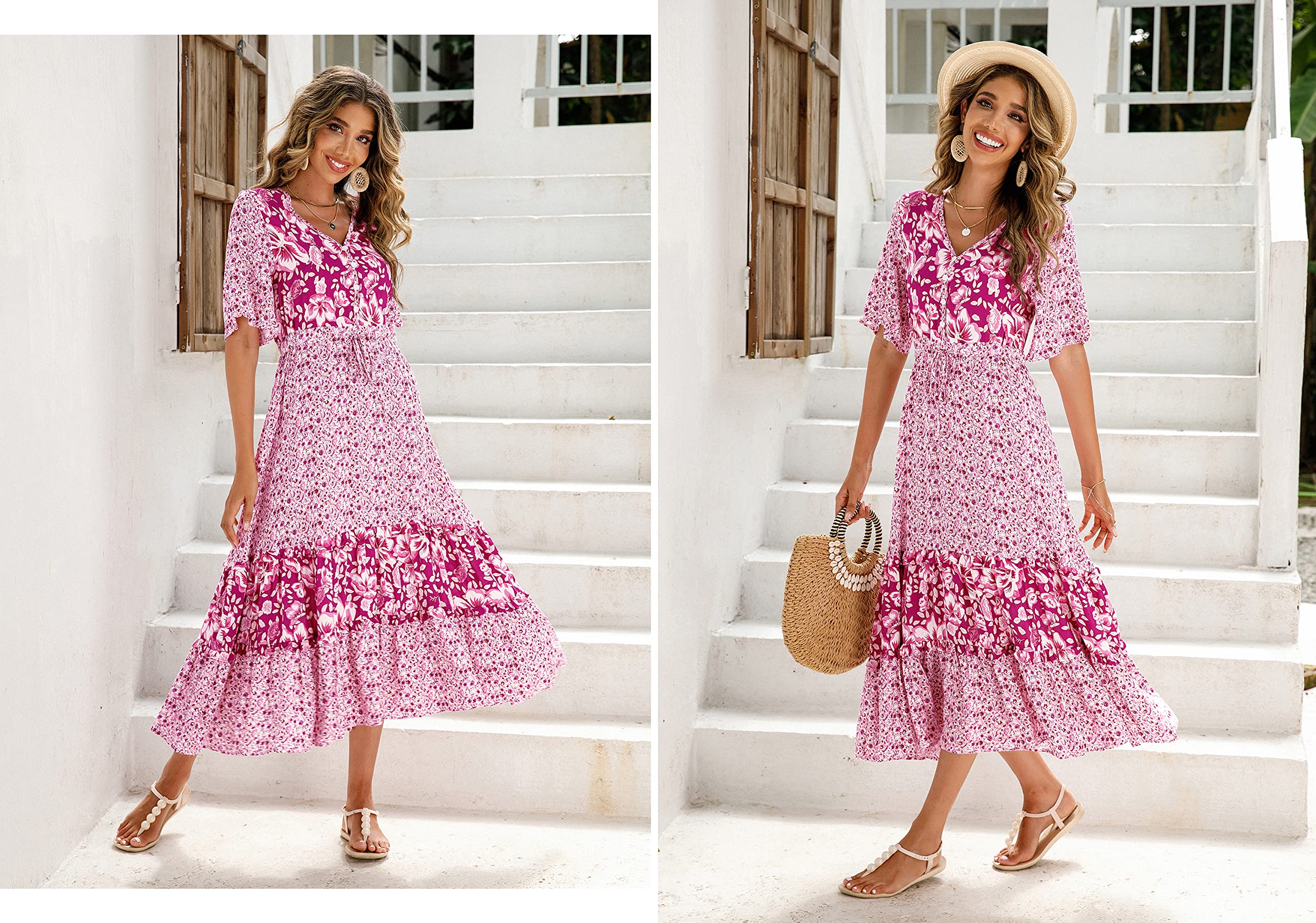 R.Vivimos Women's Floral Print Short Sleeve V-Neck Cotton Midi Dress with Button Front - Perfect for Beach Vacations, Summer Outings & Casual Wear