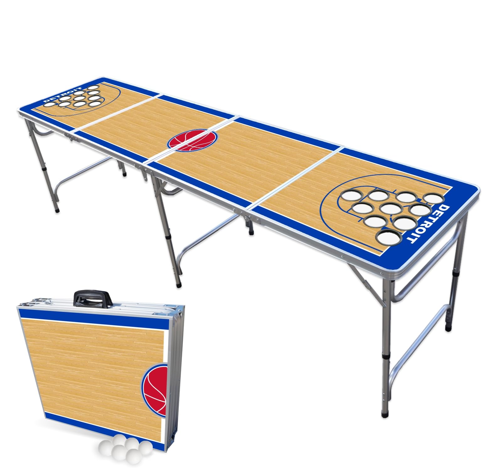 8-Foot Folding Portable Beer Pong Table with LED Lights & Optional Cup Holders - Detroit Basketball Court Design - Perfect for Parties, Tailgates & Backyard Games (Choose Your Model)