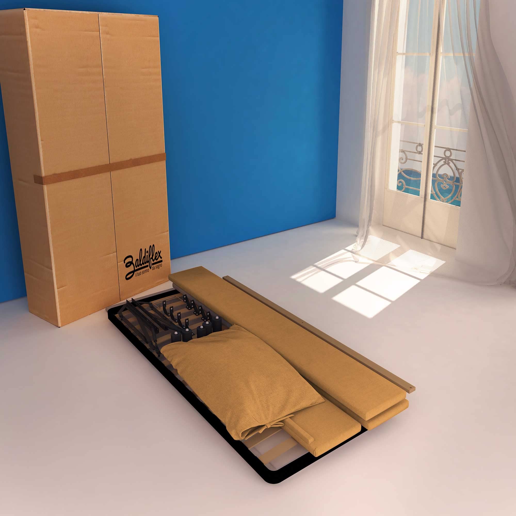 Baldiflex Licia Soft Single Bed Frame with Storage, Synthetic Leather Upholstery, Slatted Base for Single Mattress, 90 x 190 cm, Extra Padded Headboard, Light Brown - Perfect for Small Bedrooms, Guest Rooms & Studio Apartments