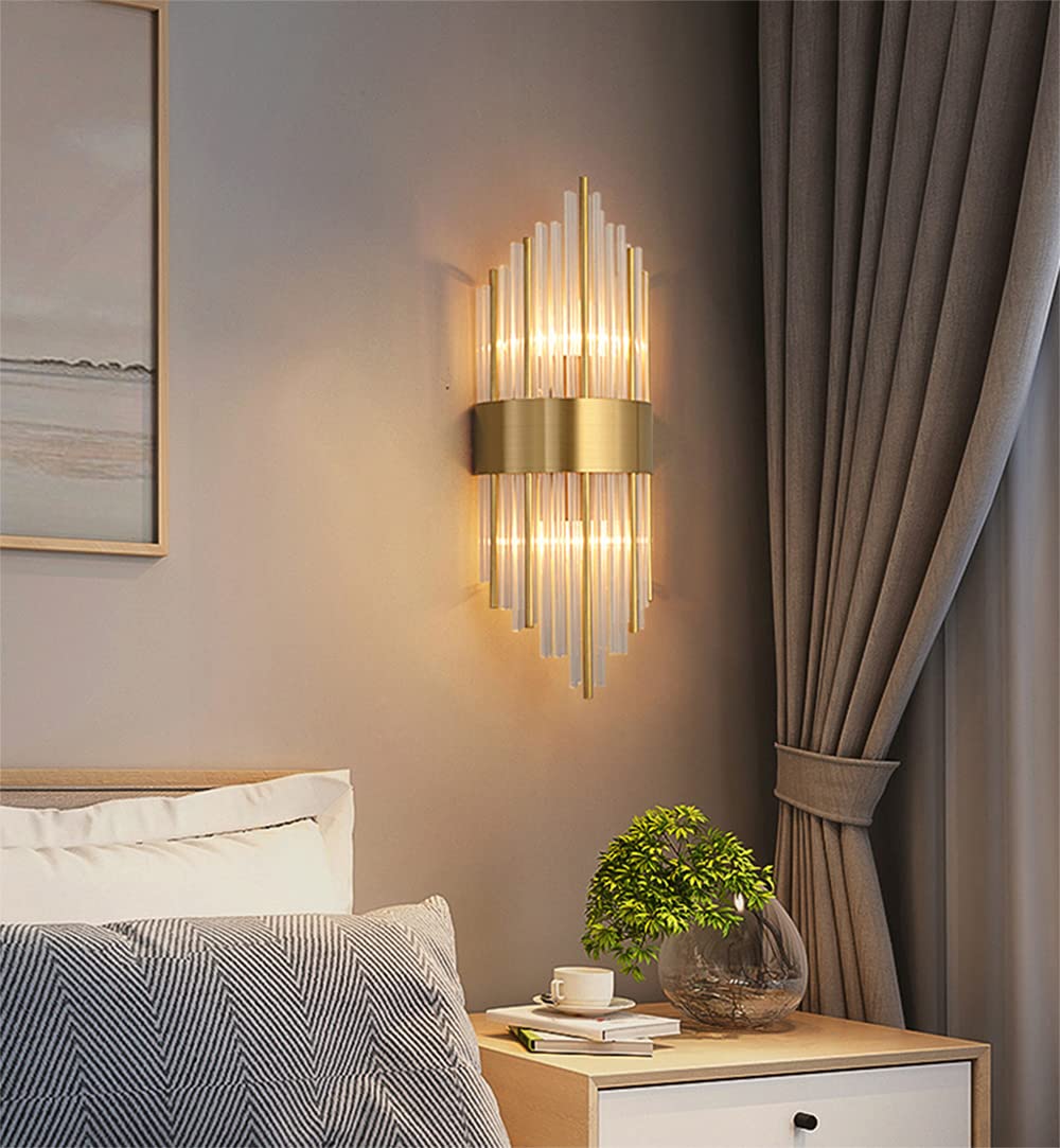 BOKT Crystal Wall Sconces Set of 2 - Modern Gold Wall Lights for Bathroom Vanity, Bedroom, Hallway - Luxury Wall Mount Lighting Fixtures for Home Decor & Interior Design