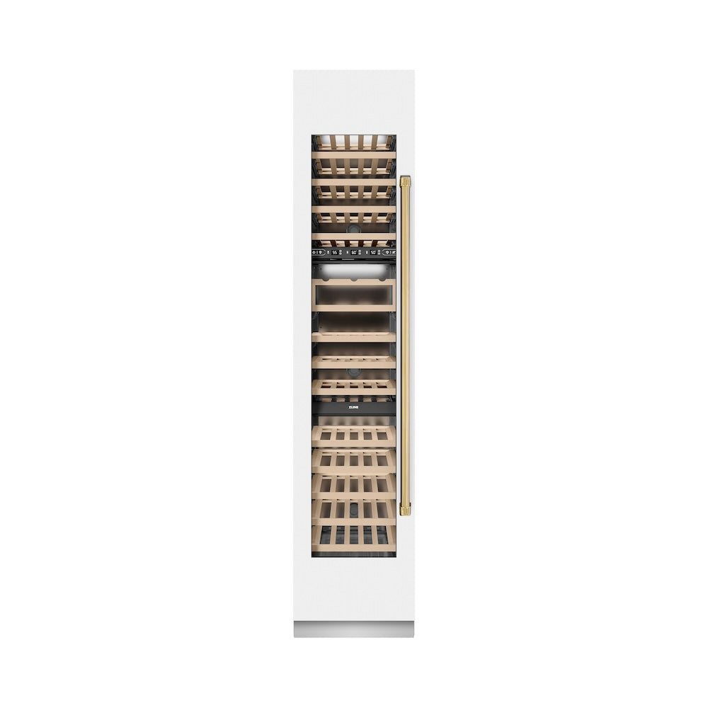 ZLINE Autograph Edition 18 Inch 9.0 cu ft Triple Zone 68 Bottle Left Hinge Column Wine Cooler - White Matte with Polished Gold Accents (RCWVLZ WM 18 G) | Perfect for Home Bars, Wine Cellars & Entertaining Spaces