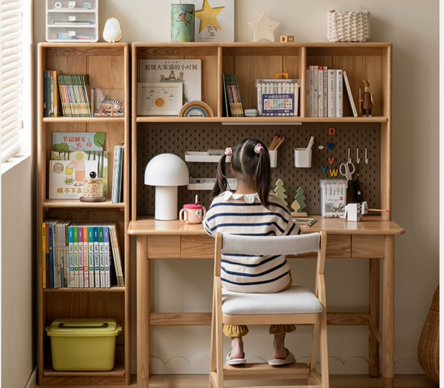 Solid Oak Wood Adjustable Height Kids Study Desk with Bookshelf - Perfect for Homework, Reading & Organizing in Bedroom or Playroom