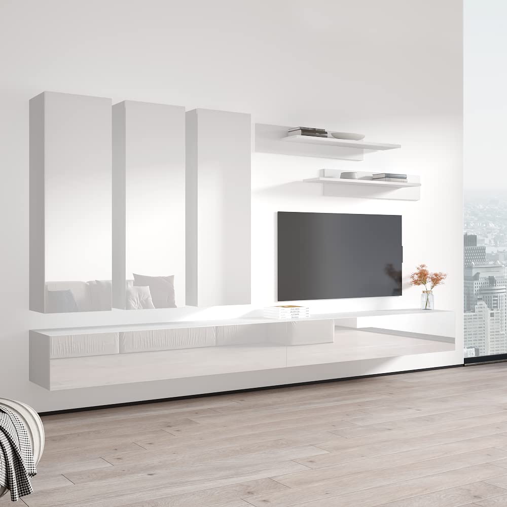 Modern White Wall-Mounted TV Stand with Storage Shelves & LED Lights - E1 30TV Floating Entertainment Center for Bedroom & Living Room - Perfect for Small Spaces & Home Theater Setup