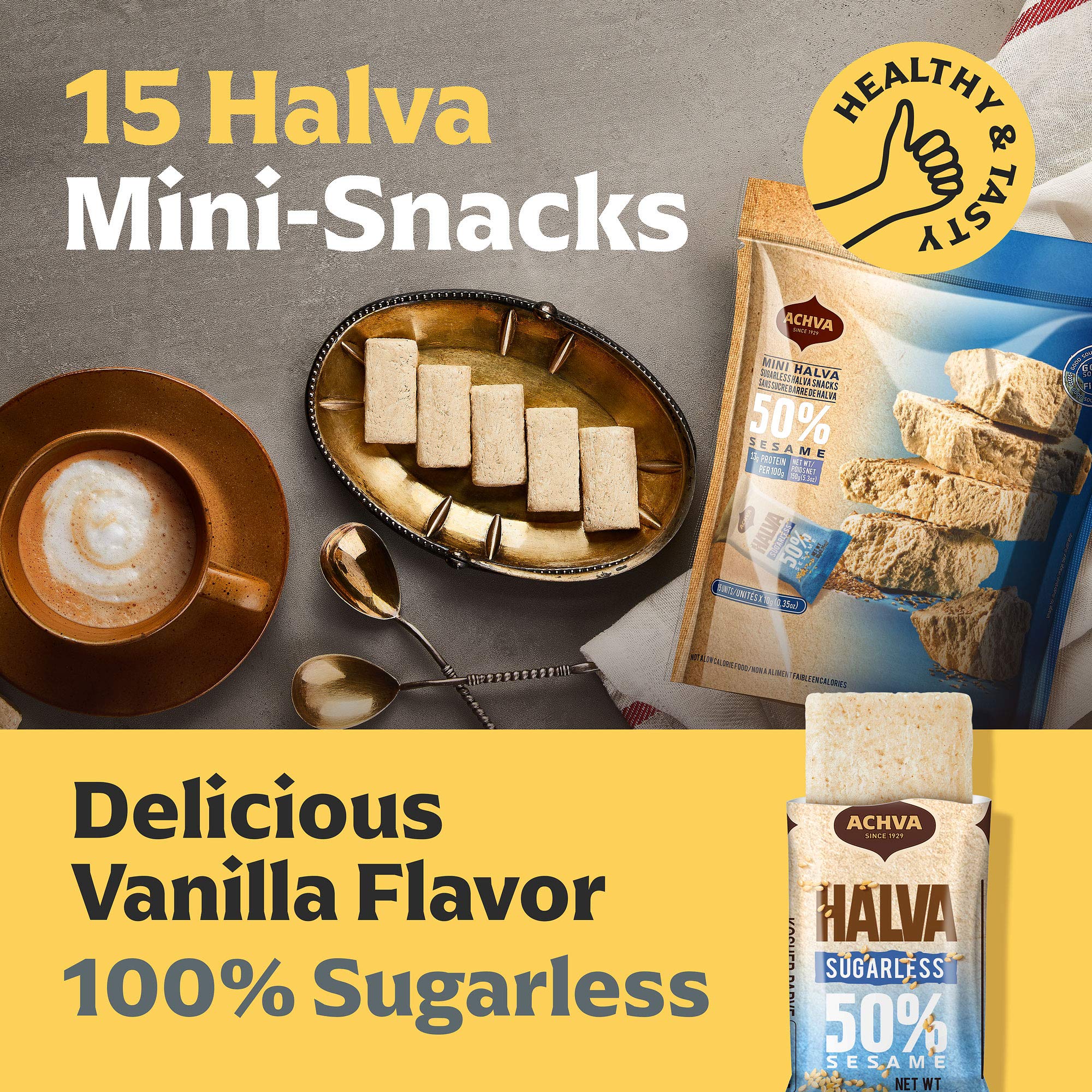 Sugar-Free Halva Tahini Bar Mini Snacks - 15-Pack Vanilla Flavor Halvah Bites | Vegan, Gluten-Free, Kosher, Lactose-Free Snacks by Achva (12g Each) | Perfect for On-the-Go, Office Snacks & Healthy Desserts
