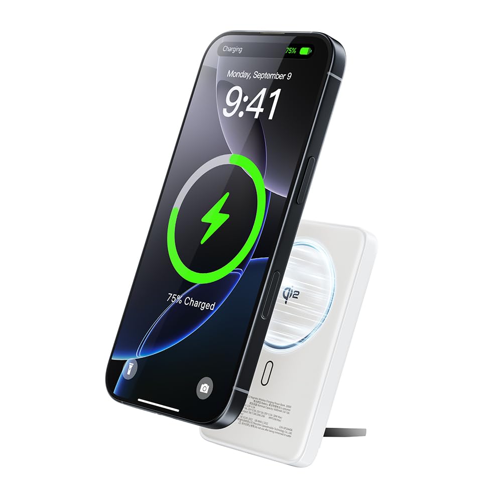 MOVE SPEED Qi2 Certified MagSafe Battery Pack 10,000mAh - 15W Fast Wireless Charger with Kickstand & 30W USB-C Port | Portable Charger for iPhone 16/15/14/13/12 | Perfect for Travel, Work & Outdoor Activities (White)