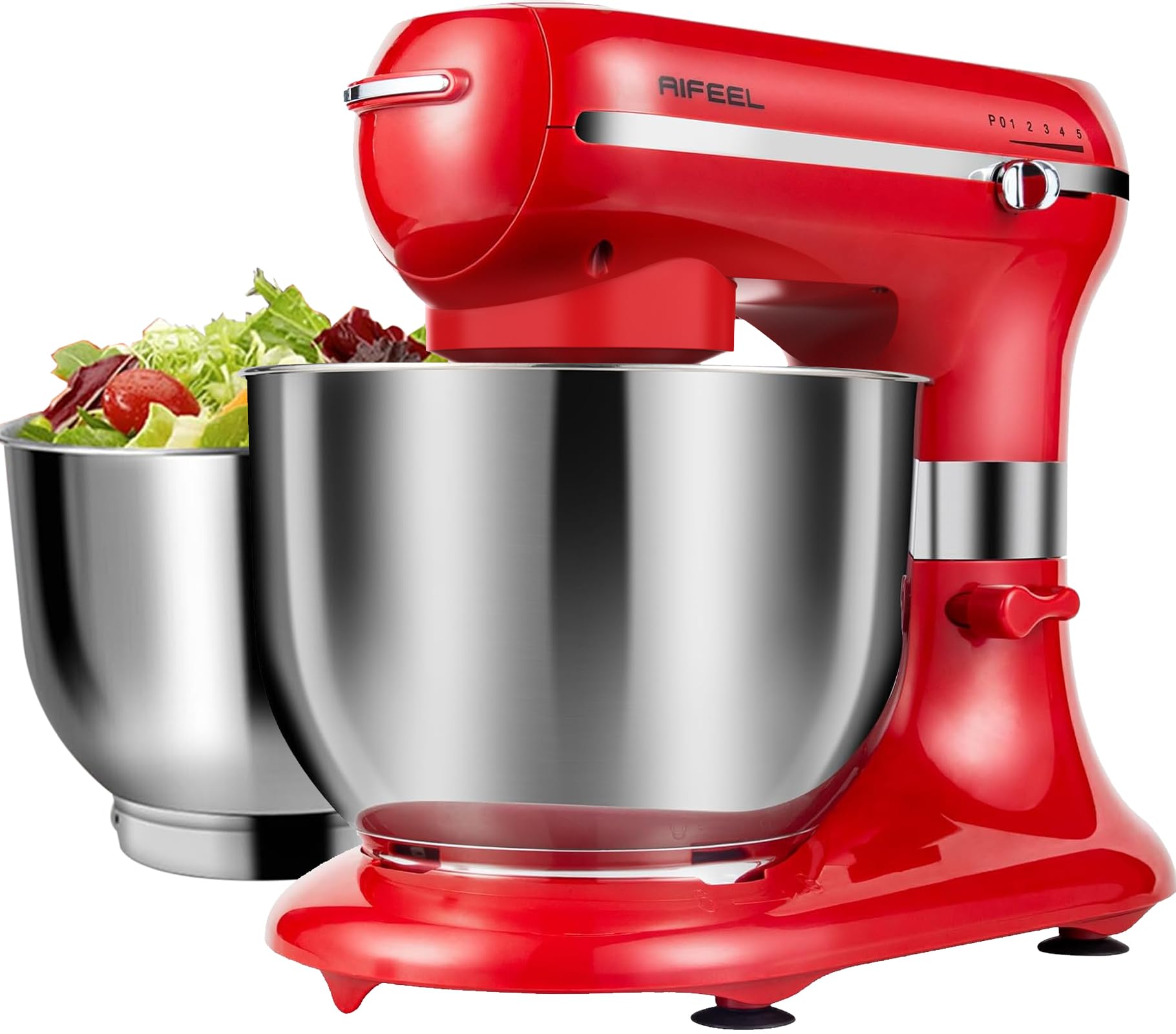 AIFEEL 7.5QT+5.5QT Stand Mixer - Professional Tilt-Head Electric Kitchen Mixer with Stainless Steel Bowls, Dough Hook, Egg Whisk & Splash Guard (Red) - Perfect for Baking Cakes, Cookies, Bread & More