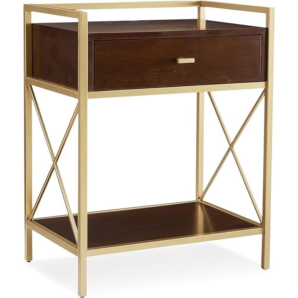 Claudette Modern Nightstand with USB-C Fast Charging - Solid Wood & Metal Bedside Table in Walnut Brown & Gold - Compact Side Table for Bedroom, Living Room, Office - Leick Home 9069-WA - Perfect for Charging Devices & Stylish Home Decor