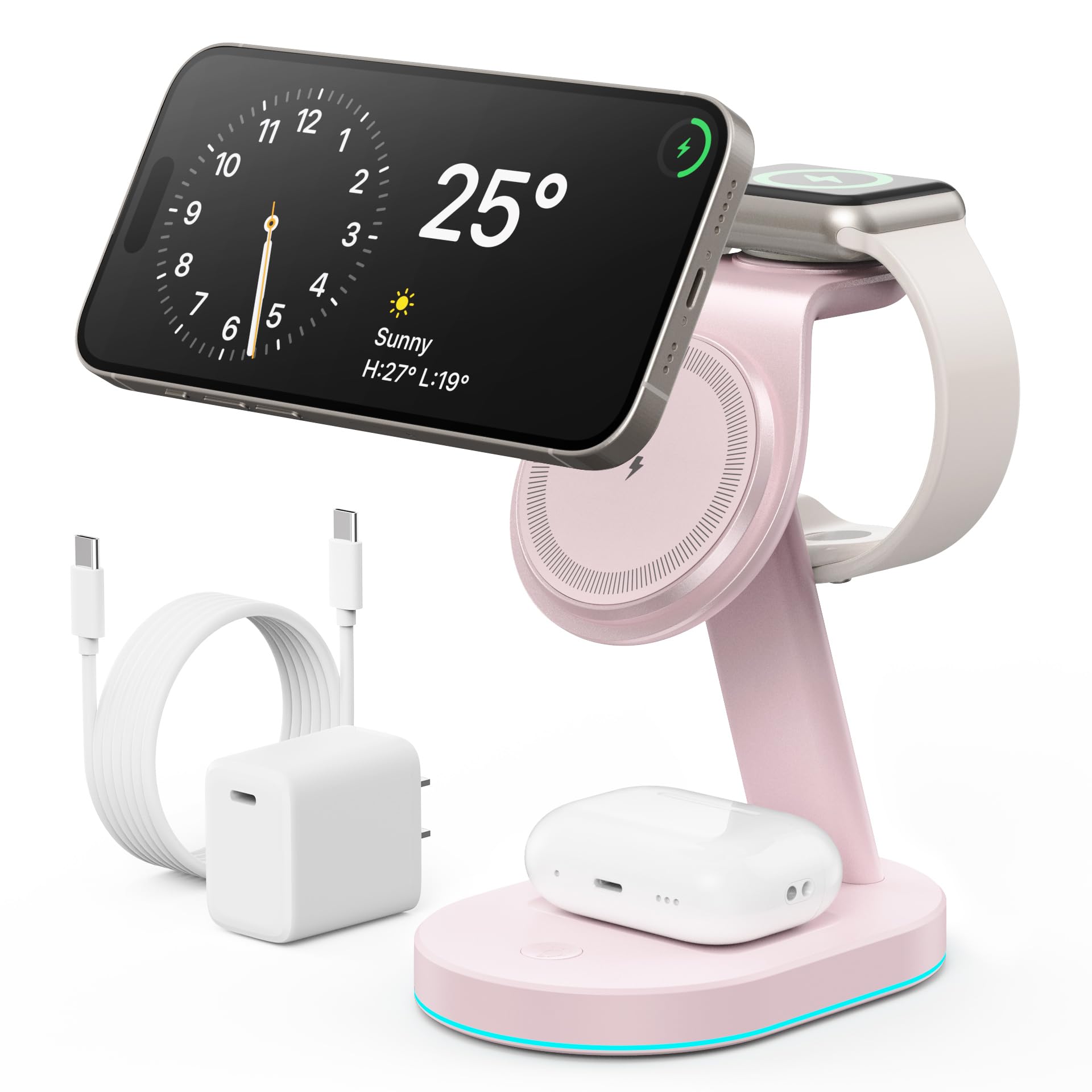 3-in-1 Magnetic Wireless Charging Station for iPhone 16/15/14/13/12 - Qi2 Certified 15W Fast Charger with MagSafe Stand, 30W USB-C Adapter & Night Light - Compatible with Apple Watch & AirPods - Perfect for Bedside, Office & Travel Charging