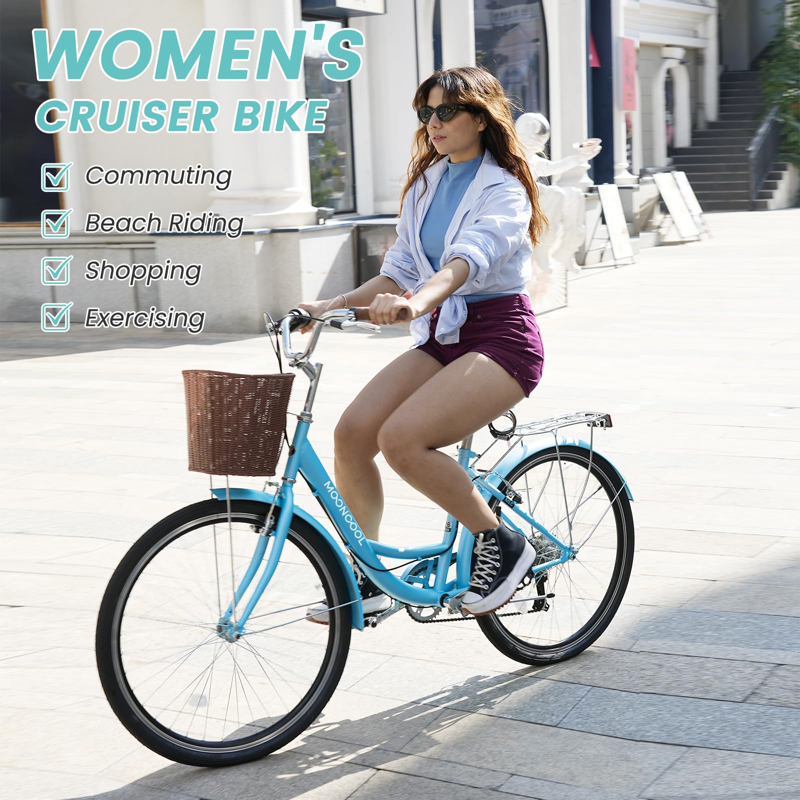 DoCred 24/26 Inch 7-Speed Lightweight Women's City Bicycle - Comfortable Beach Cruiser Bike with Rattan Front Basket & Lock - Perfect for Commuting, Leisure Rides & Beach Outings