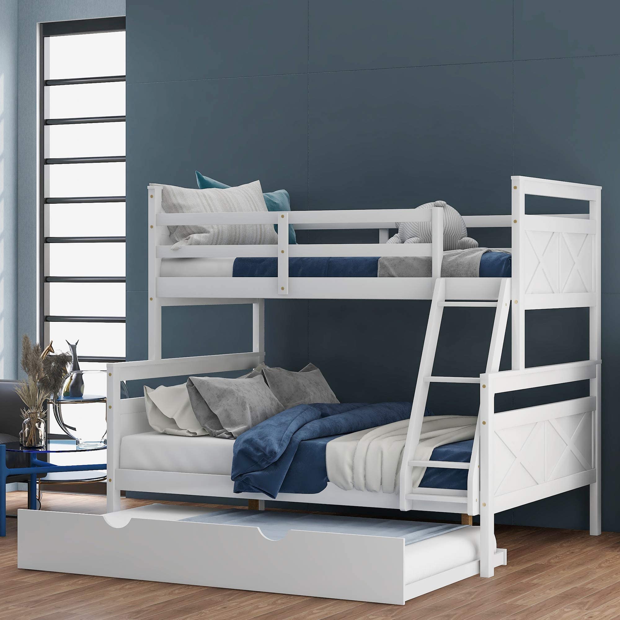 SOFTSEA Twin Over Full Bunk Bed with Trundle - Solid Wood Convertible Bunk Bed Frame with Ladder & Safety Guardrails for Kids - Transforms to 2 Separate Beds or Loft Bed - Perfect for Small Bedrooms, Guest Rooms & Kids' Shared Spaces (White)