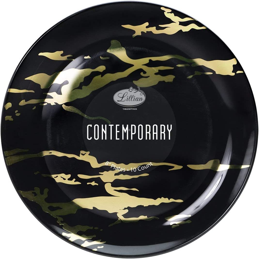 Premium Black & Gold Marble Appetizer Plates - 8 Inch Round Serving Dishes (Set of 10) - Elegant Reusable Dinnerware for Parties, Weddings & Holiday Entertaining
