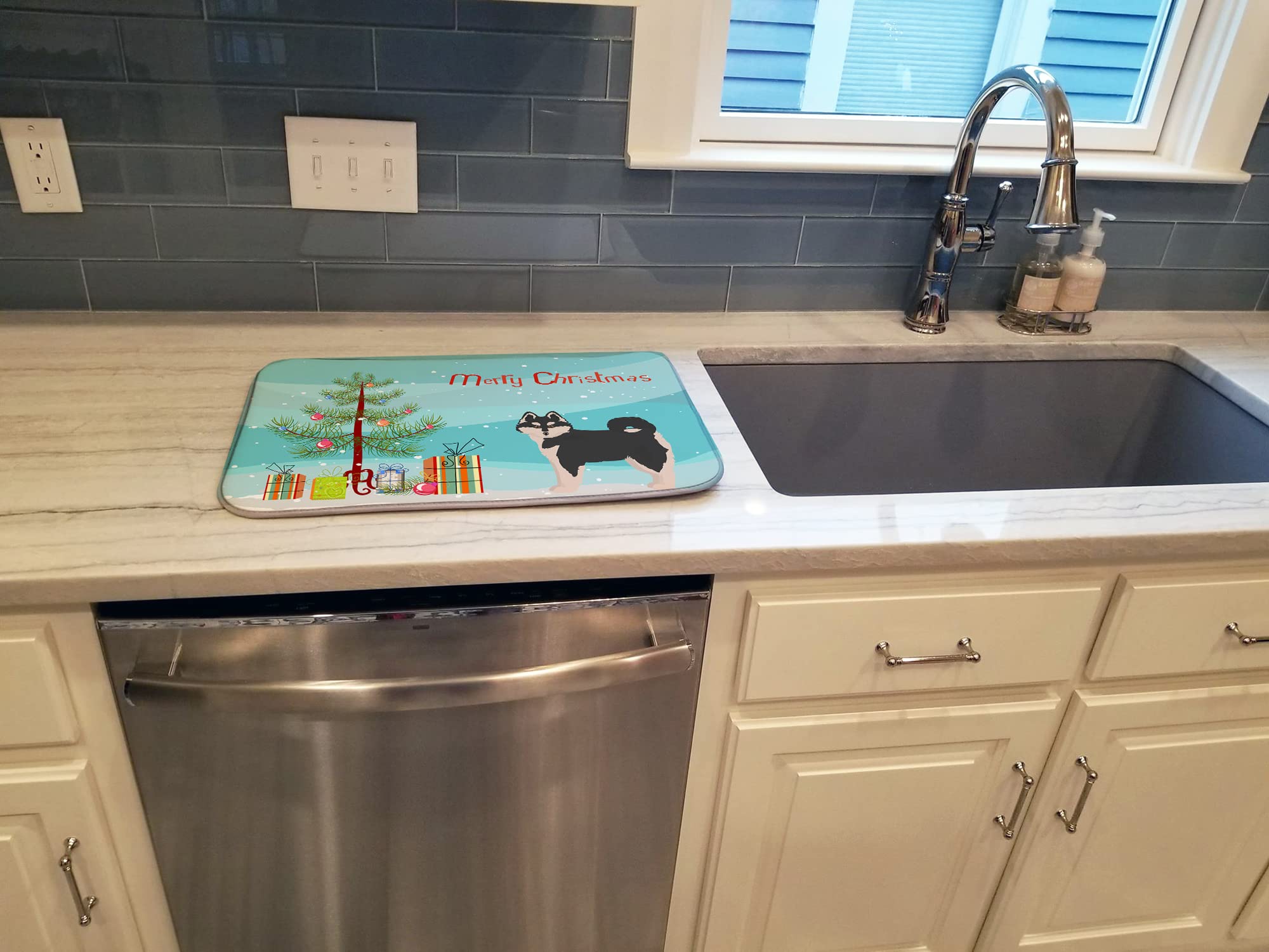 Pomsky Christmas Tree Dish Drying Mat - Absorbent Kitchen Counter Mat for Holiday Decor