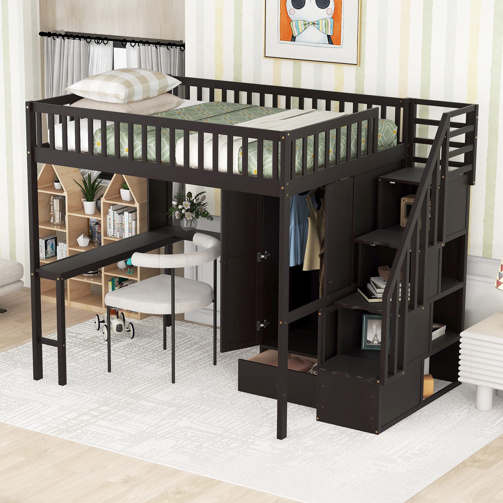 Harper & Bright Designs Full Size Wooden Loft Bed with Stairs, Wardrobe & Desk - Space-Saving Storage Bed with Shelves for Kids, Teens & Small Rooms - Perfect for Dorm, Bedroom or Studio Apartment
