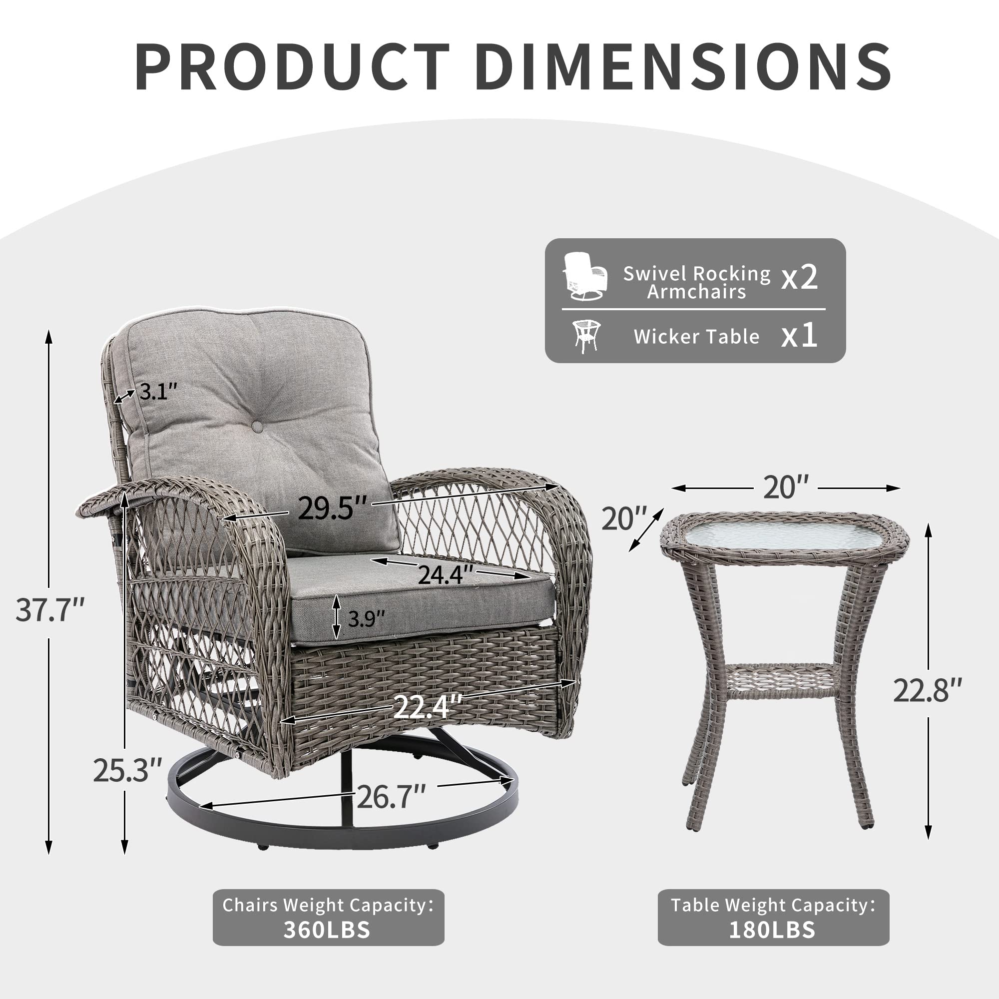 360° Swivel Rocking Patio Chairs Set with Cushions & Coffee Table - 3-Piece Outdoor Wicker Bistro Furniture for Garden, Balcony & Backyard Relaxation