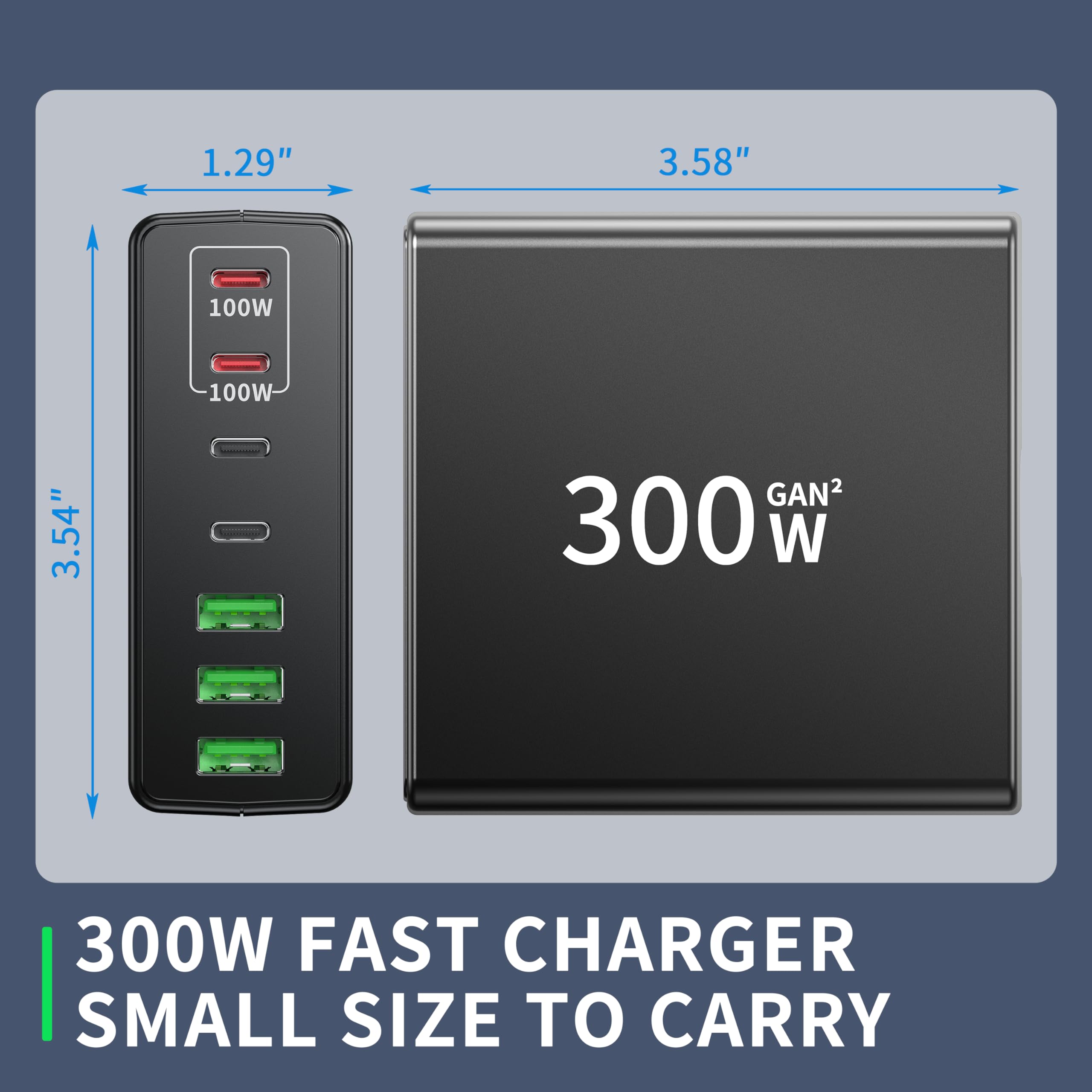 300W 7-Port USB C Fast Charging Station with Dual PD 100W & PPS - Compatible with iPhone 15/14/Pro Max, Galaxy Note23, MacBook Pro/Air, iPad, Dell, HP, Surface Laptops - Compact Power Adapter for Home, Office & Travel (Dark Black)