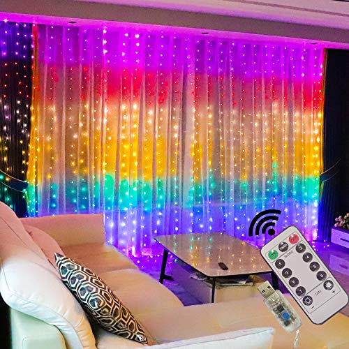 GUOCHENG 10ft x 10ft LED Copper Wire String Lights with Remote - USB Powered Fairy Lights for Bedroom, Wedding, Party Decor - Waterproof Indoor/Outdoor Curtain Lighting (Multi-Color) - Perfect for Christmas, Garden, Patio & Window Decorations