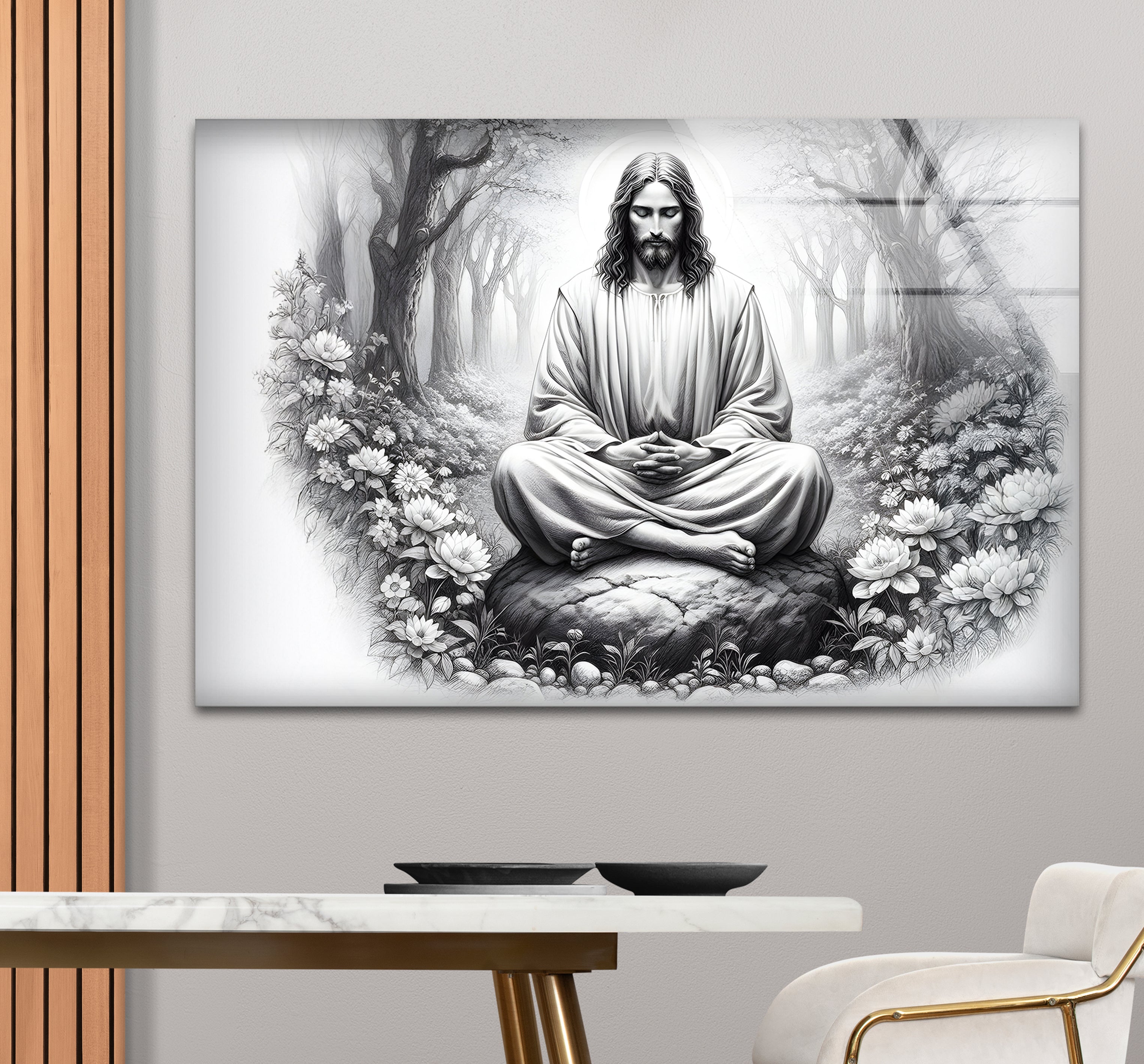 Black and White Jesus Glass Wall Art - Religious Home Decor for Living Room, Bedroom & Church