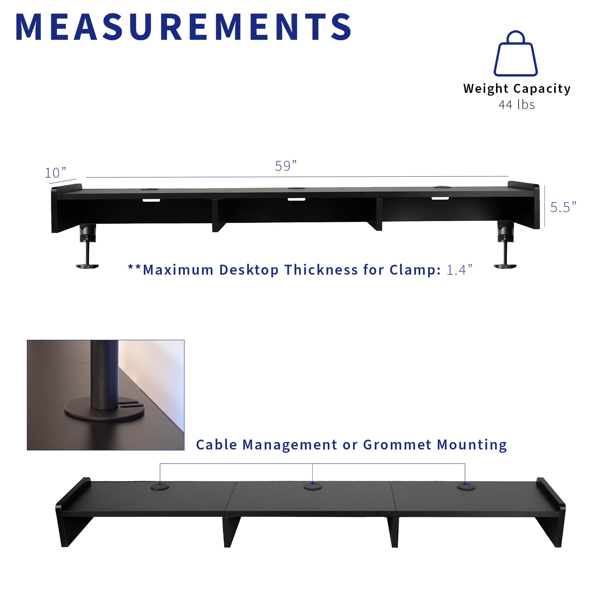 VIVO Clamp-on 60 Inch Ergonomic Monitor Stand Riser - Adjustable Multi-Screen Computer & Laptop Desk Shelf with 3 Storage Compartments & Cable Management, Black (STAND-SHELF60B) - Perfect for Home Office, Gaming Setup & Workspace Organization