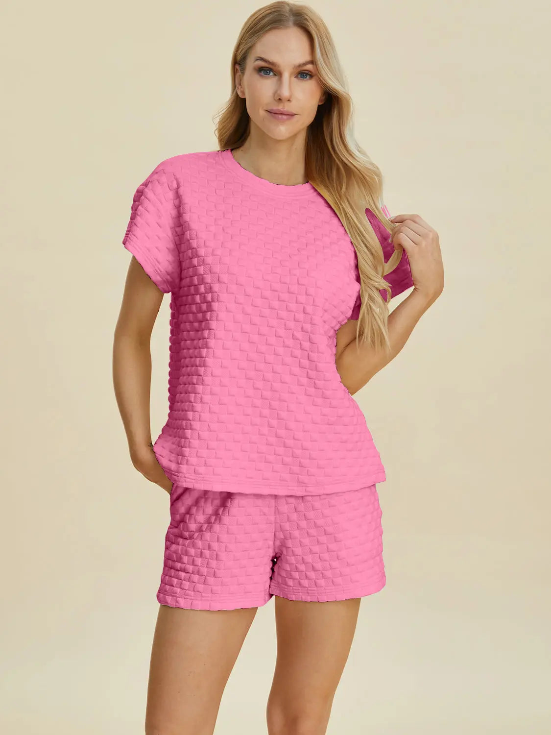 Double Take Full Size Texture T-Shirt and Shorts Set for Men - Comfortable Cotton Outfit for Casual Wear, Gym, and Lounge