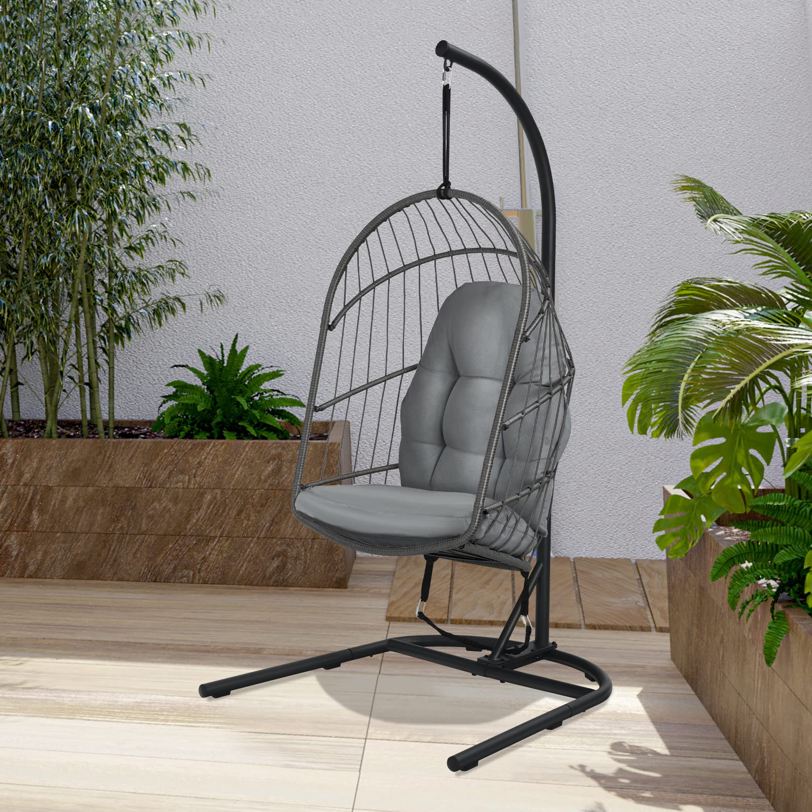 Giantex Foldable Hanging Egg Chair with Stand - Indoor/Outdoor Rattan Swing Chair with Cushions & C-Shaped Hammock Stand - Perfect for Bedroom, Balcony, Patio & Backyard Relaxation (Grey)