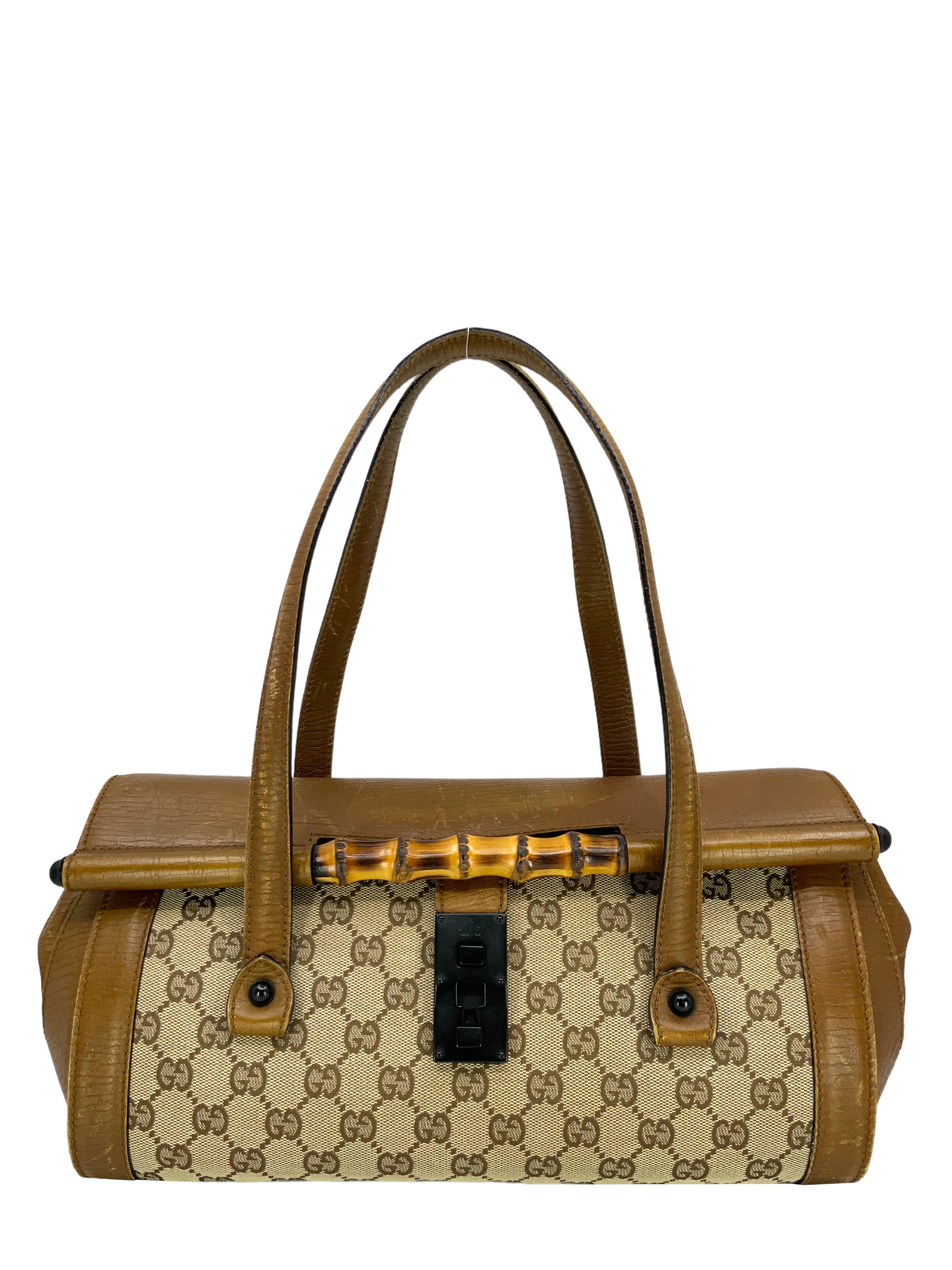 Gucci GG Monogram Canvas Leather Bamboo Bullet Bag - Stylish Crossbody Purse for Women, Fashionable Everyday Shoulder Bag for Work, Travel & Outings