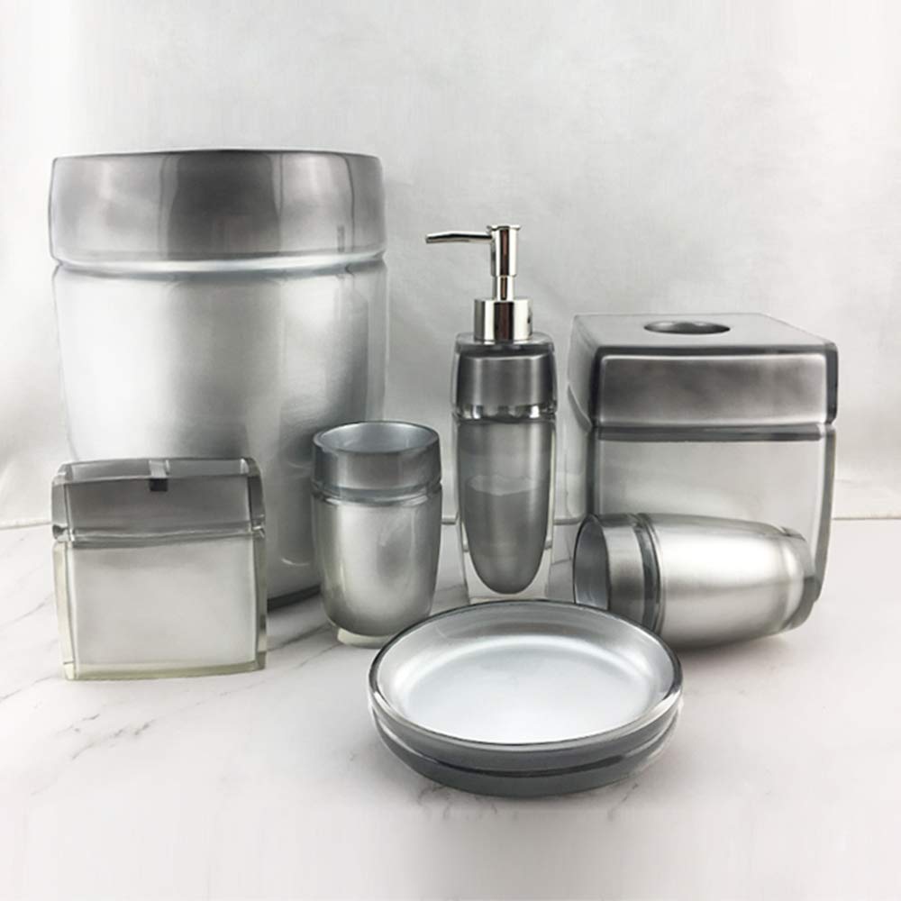 5/7 Piece Transparent Resin Bathroom Set - Lotion Bottle, Toothbrush Cup, Tissue Box, Holder, Trash Can & Soap Dish | Modern Organizer for Vanity, Countertop & Guest Bathroom Decor