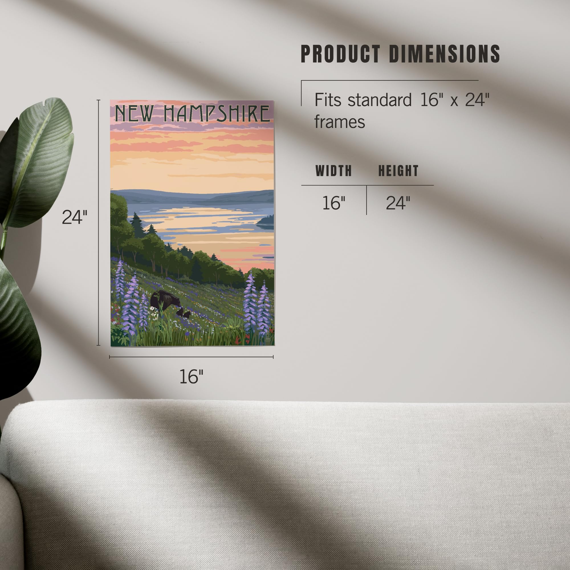 Lantern Press 16x24 Inch Giclee Art Print - New Hampshire Lake Landscape with Bear Family - Wall Decor for Living Room, Bedroom & Office