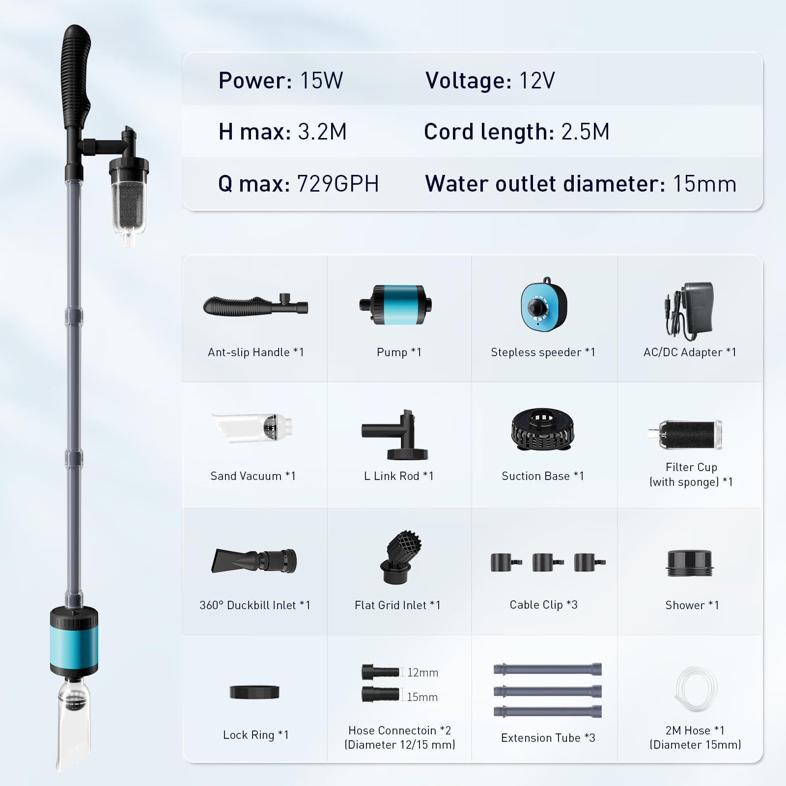 12V Electric Gravel Vacuum for Aquarium - Upgraded Variable Frequency Motor | 6-in-1 Versatile Siphon Pump for Fish Tank Cleaning | 729GPH (3000L/H) Powerful Water Changer | Perfect for Freshwater & Saltwater Tank Maintenance