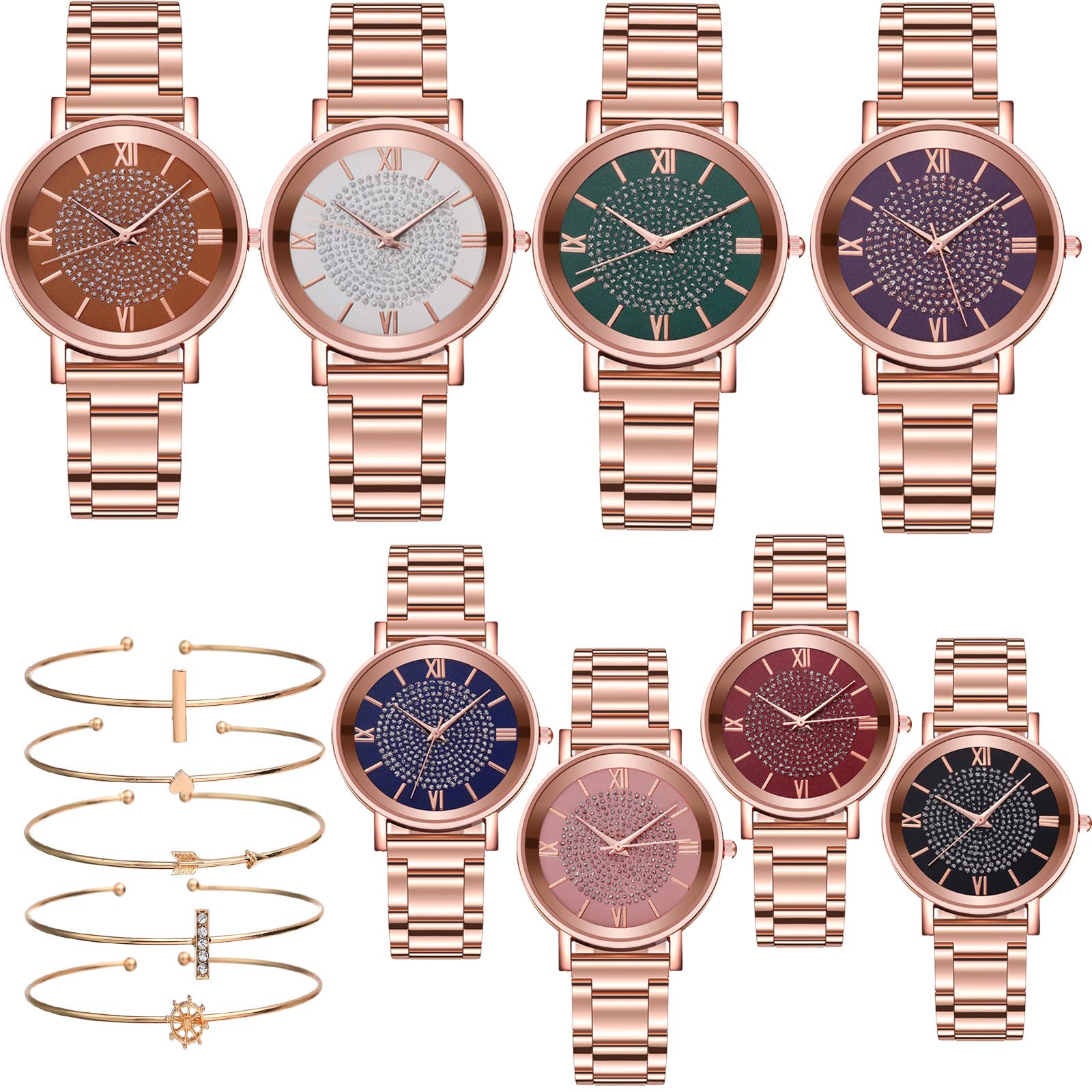 8 Pack Women's Wholesale Platinum & Rose Gold Dress Watches with Roman Numerals & Starry Sky Design - Elegant Bracelet Watches for Formal Events, Office Wear & Gift Giving