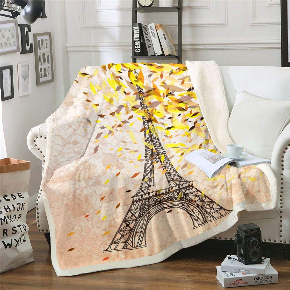 Feelyou Eiffel Tower Sherpa Throw Blanket - Paris Themed Fleece Blanket with French Cityscape Print, 30